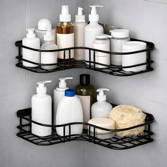 Metal Bathroom Corner Shelf Rack | No Drilling Self Adhesive Wall Mounted Storage Organizer for Bathroom & Kitchen | Rustproof Bathroom Shelves SET of 2